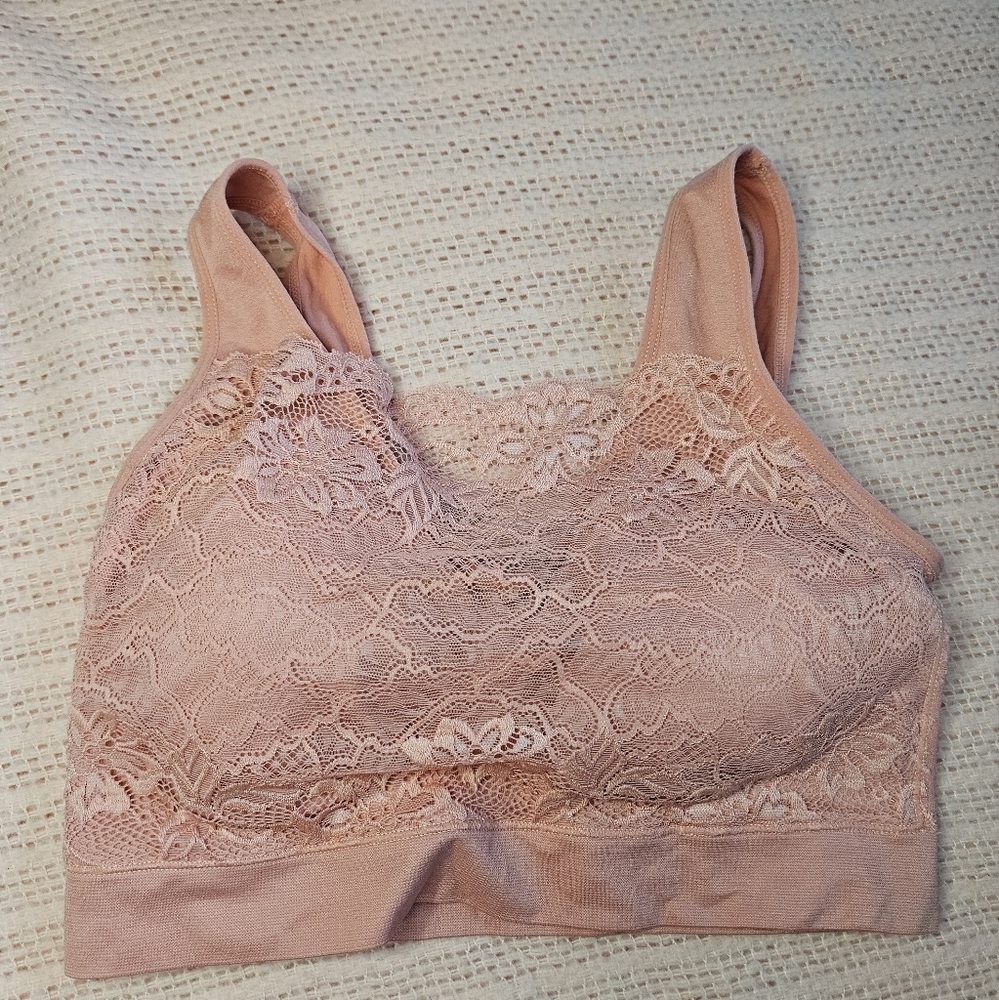 Rhonda Shear Womens 1X PEACH Lace Bra Bralette Removable Pad Pullover Plus Size